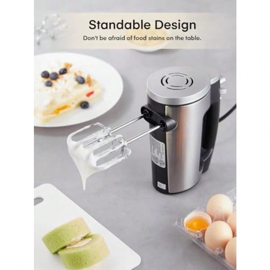 Hand Mixer Electric Handheld 6 Speed and Turbo Electric Mixer 300W Handheld Mixer with 2 Stainless Steel Whisk and 2 Dough Hook for Whipping Mixing Cookies Brownie Cakes Dough Batters Silver