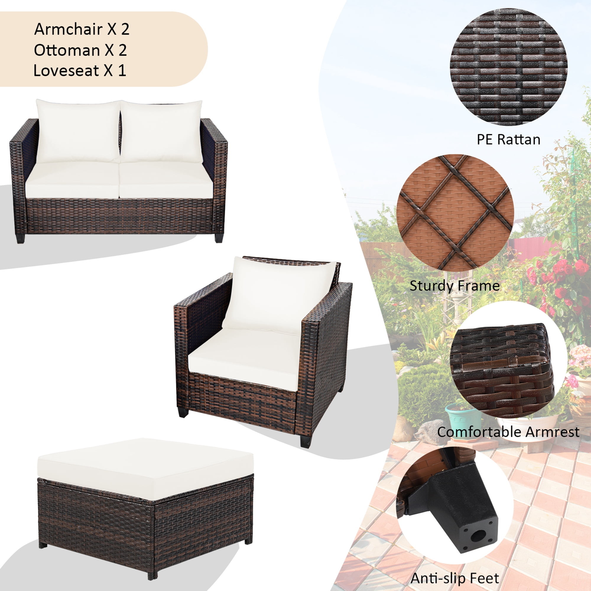Gymax 5PCS Outdoor Patio Rattan Conversation Sofa Furniture Set w/ White Cushions