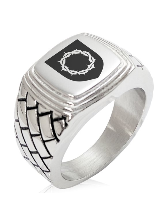 Stainless Steel Crown of Thorns Adversity Coat of Arms Shield Geometric Pattern Step-Down Biker Style Polished Ring