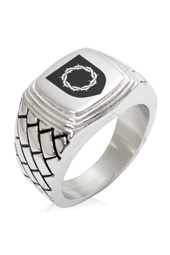 Stainless Steel Crown of Thorns Adversity Coat of Arms Shield Geometric Pattern Step-Down Biker Style Polished Ring