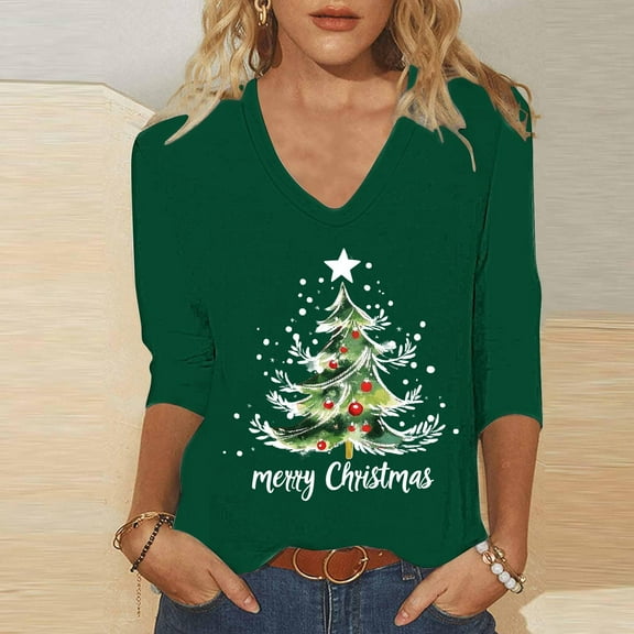 Miqool Womens 3/4 Sleeve Tops V Neck Christmas T-Shirts Merry Christmas Tree Graphic Tee Tops