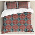 thumbnail image 1 of Mandala Duvet Cover Set Queen Size, Arabic Culture Inspired Middle Eastern Motifs Checkered Pattern, Decorative 3 Piece Bedding Set with 2 Pillow Shams, Slate Blue Dark Coral Beige, by Ambesonne, 1 of 3