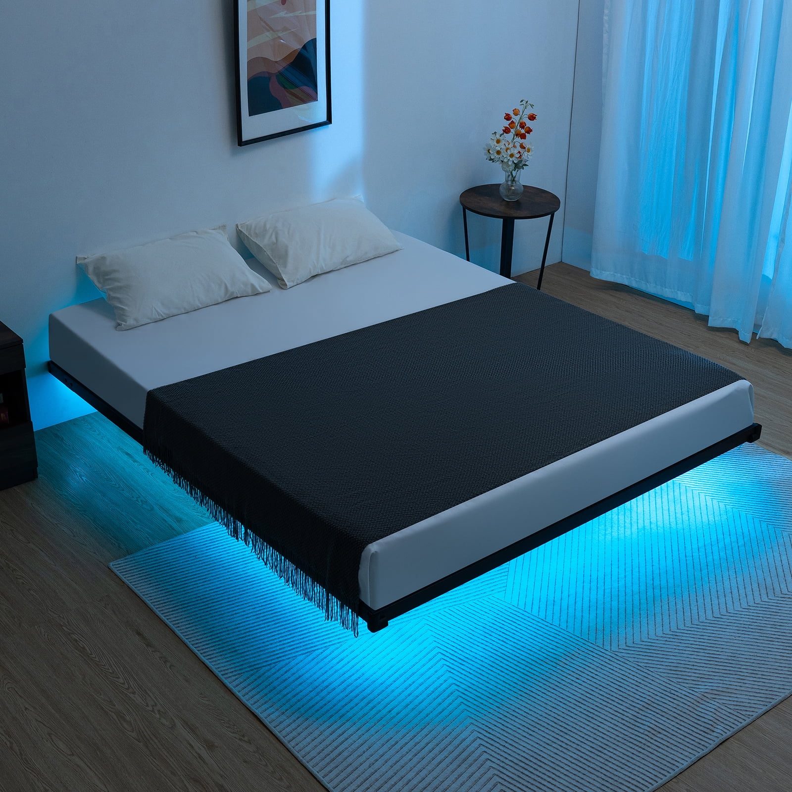 Lusimo King Size Floating Bed Frame with LED Lights Bed Storage Metal Platform Bed Frames with Steel Slat Support Anti-Slip Easy Assembly, Black