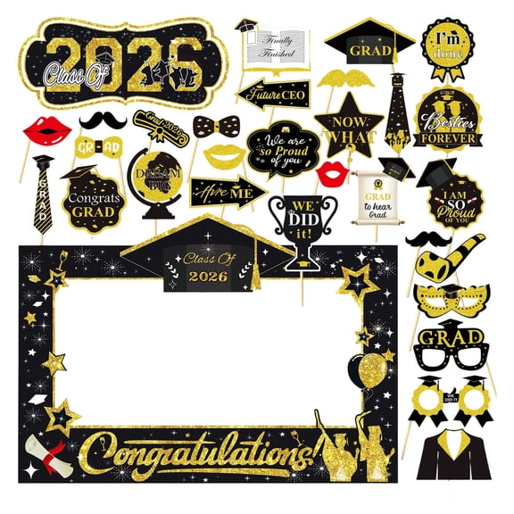 Black and Gold Graduation Decorations 2026, Graduation Photo Props Set with 27x19 Inch Photo Booth Frame and 17 Handheld Signs for Graduation Party Supplies Class of 2026
