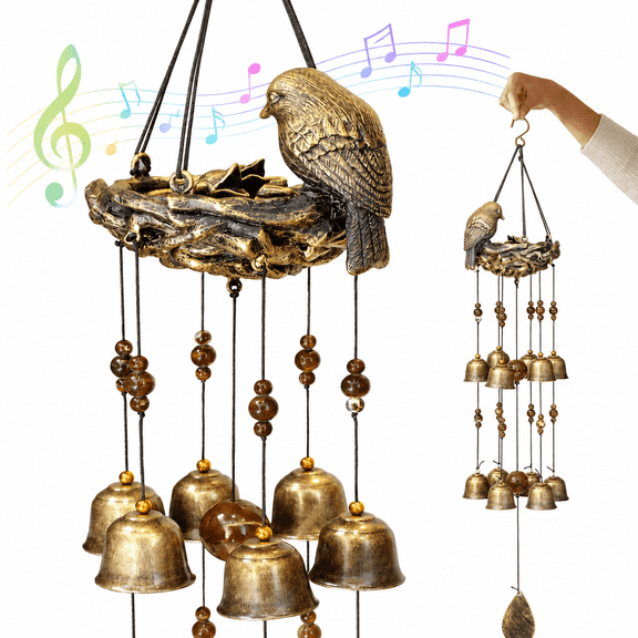 Hummingbird Bird Nest Wind Chimes for Outside, 12 Bronze Metal Bells, Hanging Garden Decor for Yard, Patio, Church and Home, Mother's Day Gift, Bronze