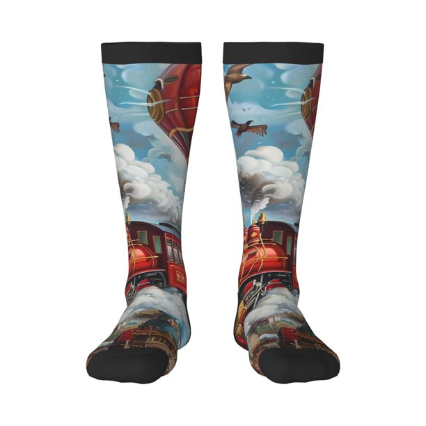 Balery Red Train Hot Air Balloon Calcetines novedosos Calcetines deportivos Calcetines hasta la rodilla Calcetines de algodón Calcetines originales y geniales