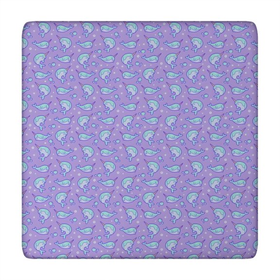 Purple Cartoon Narwhal Pattern Square Fitted Tablecloth with Elastic Edge,Square Table Cover,Washable Elastic Table Cover for Home Kitchen Party Decor 34"x34"