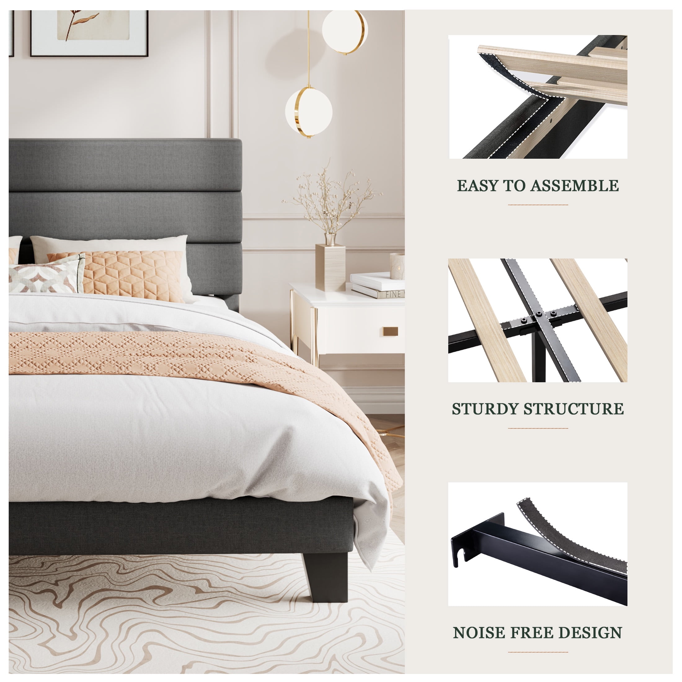 Amolife Upholstered King Size Bed Frame with Headboard, Dark