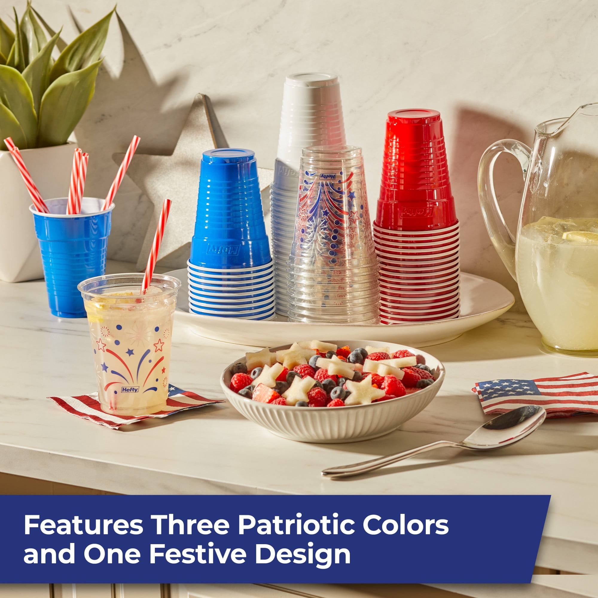 Hefty Party On Disposable Plastic Party Cups, Patriotic Assorted Colors and Festive Print, 16 oz. & 18oz., 80 Count