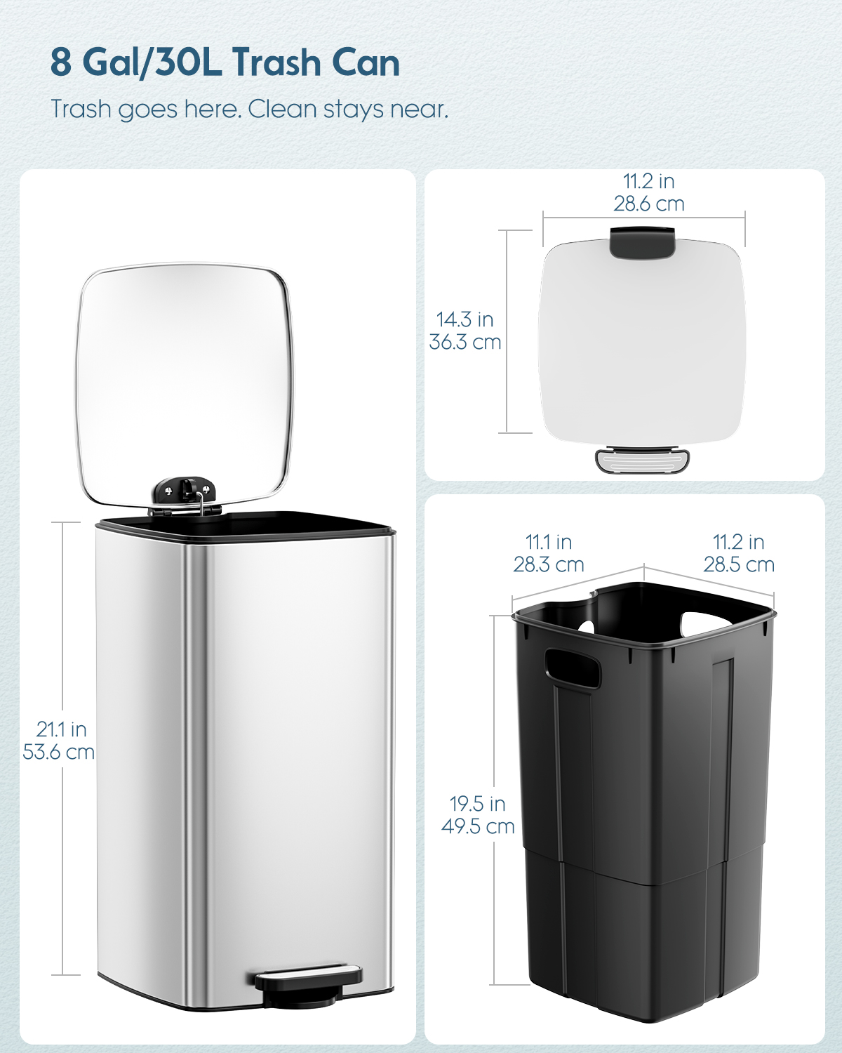Arlopu Trash Can, 8 Gallon Stainless Steel Step Kitchen Garbage Can with Step Pedal and Soft-Close Lid, Silver