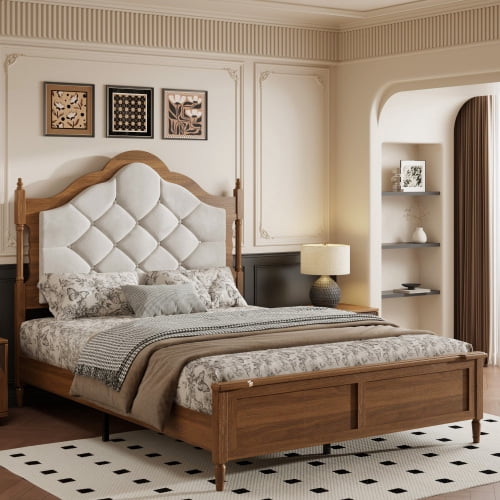 Queen Size Bed Frame with Upholstered Headboard and Panel Footboard, Vintage Mid-Century Farmhouse Style, Brown Wood Platform Bed