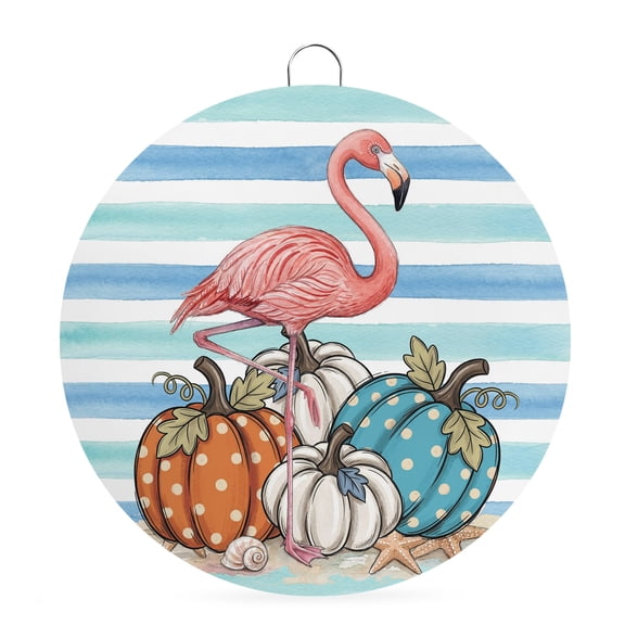 Welcome Sign Front Door Decorations, Fall Flamingo Round Wall Art Outdoor Metal Wreaths, Coastal Cute Pumpkins Teal Blue Striped Seasonal Hanging Sign for Home Porch Decor Warming Gift 6 In