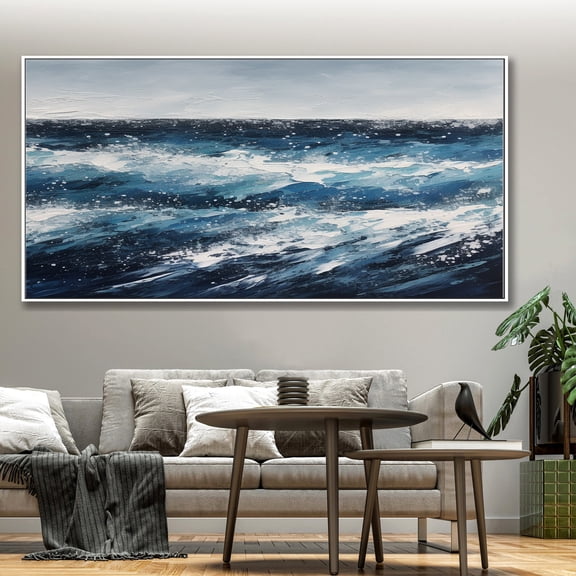 Abstract Seascape Oil Painting White Wave Textured Canvas Art Dark Blue Ocean Wall Art Living Room Wall Decor,Unstretched,Frameless,(41*61cm)16*32Inches