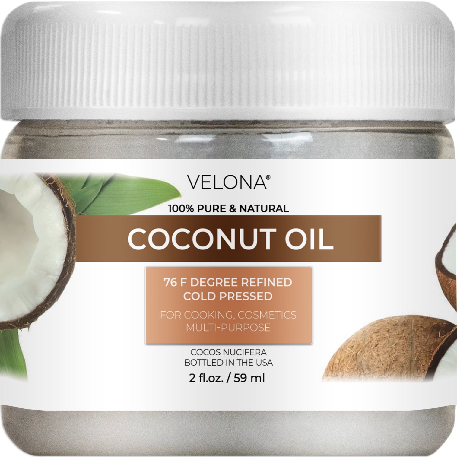 Coconut Oil 76 Degree by Velona - 2 Fl Oz | 100% Pure and Natural Carrier Oil | in jar | Refined, Cold pressed | Skin, Face, Body, Hair Care | Use Today - Enjoy Results