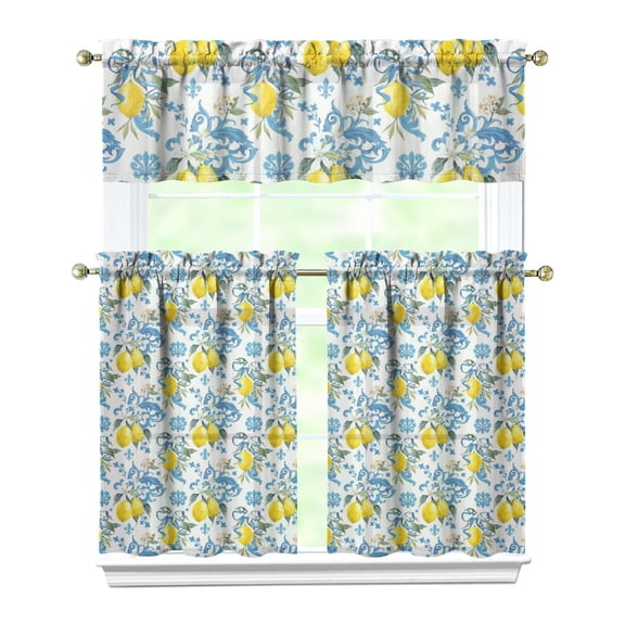 Retro Lemon Print Kitchen Curtains Set of 3 - Modern Farmhouse Window Treatment Panels, Rod Pocket Design