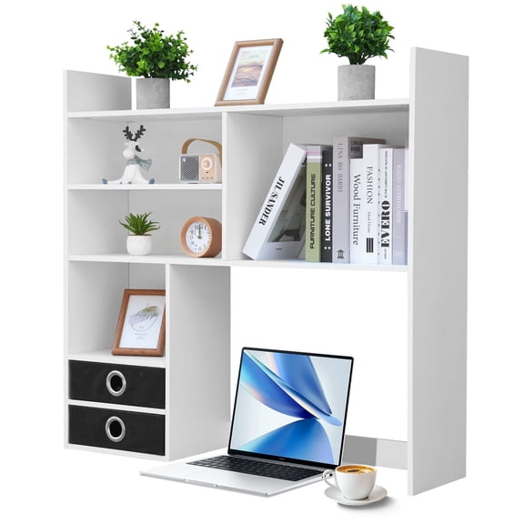 Desktop Bookshelf, Desk Hutch Organizer with 7 Shelves and 2 Drawers for Computer Desk, Wood Desk Shelf Storage Organizer for Office Home Dorm, White