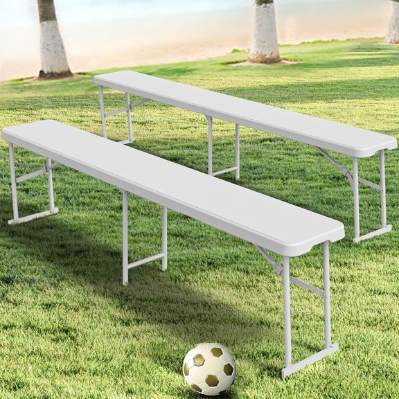 HarmonyStrings  6FT Folding Bench 2 Pack, HDPE Portable Bench with Carrying Handle for Indoor/Outdoor Multi Entertaining Activities, White