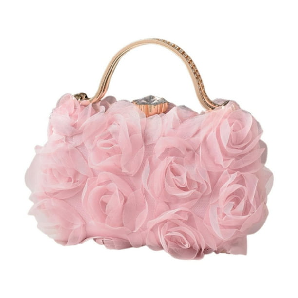 Bolso de flores con bolso compacto de correa de cadena para llaves del teléfono celular de la boda del baile de graduación Rosa