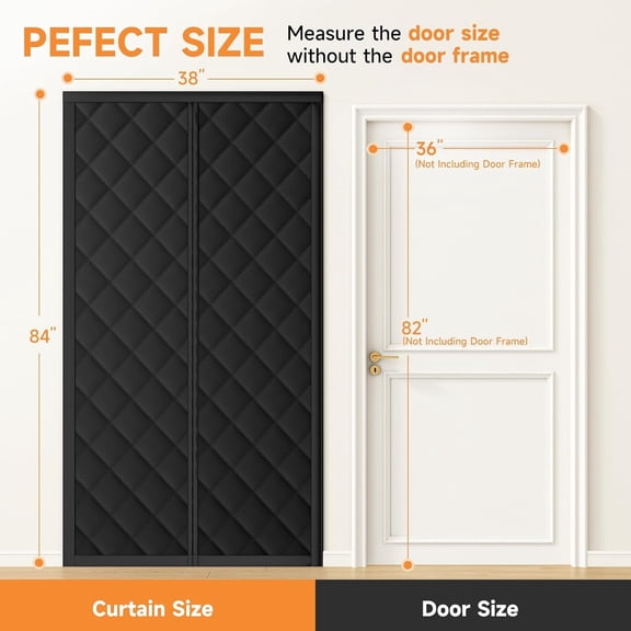 Magnetic Thermal Insulated Door Curtain for Winter Fits Door Size 36" x 82", Temporary Thermal Door Cover for Cold with Thickened Cotton, Window Insulation Kit for Sliding Glass Doorways - Black