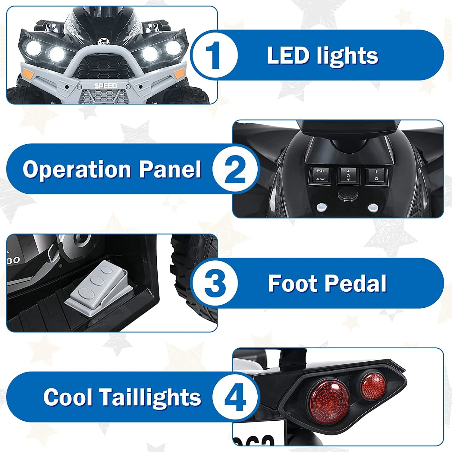 OLAKIDS Kids Ride on ATV, 12V 4 Wheeler Quad Toy Vehicle with Music, Horn, High Low Speeds, LED Lights, Electric Ride On Toy, Battery Powered Wheels Car for Children Over 3 Years Old (Black)