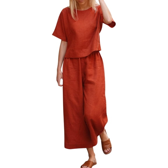 Outfits Sets for Women Cotton Linen Suit Fashion Comfortable Short Sleeve Long Solid Color Casual Cargo Pants