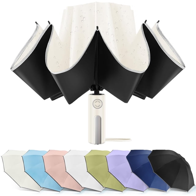 Paraguas Invertido Grande a Prueba de Viento para Lluvia y Sol - Paraguas Plegable Compacto UPF 50+ Automático con Raya Reflectante, Protección UV para Caminar, Beige-46IN