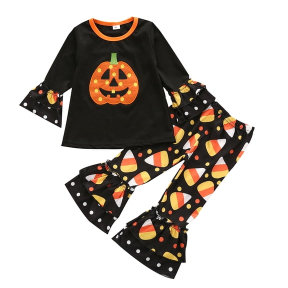 Toddler Baby Girl Halloween Outfits Pumpkin Long Sleeve Top Striped Flared Pants 2PCS Fall Clothes