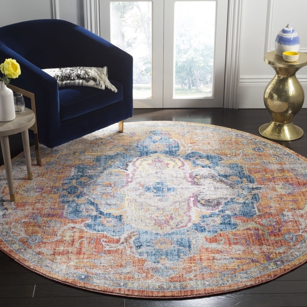 SAFAVIEH Bristol Waverly Oriental Polyester Area Rug, Blue/Orange, 7' x 7' Square