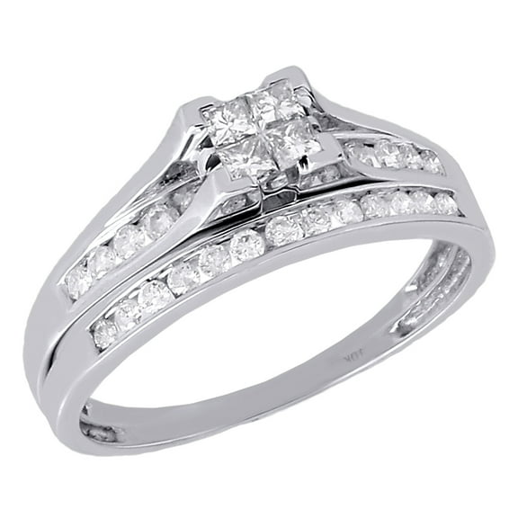 Quad Princess Diamond Wedding Bridal Set 10K White Gold Engagement Ring 0.47 Ct
