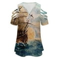 thumbnail image 4 of Hand Painting The Pirate Ship Womens Summer V Neck Zipper Top Short Sleeve T Shirt Off Shoulder Top Casual Classy Loose Shirts, 4 of 7