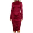 thumbnail image 2 of ClodeEU Women Long Sleeve Turtleneck Ruched Bodycon Dresses ,Sheath Knee Length Pencil Dress Wine,Womens Plus XL, 2 of 6