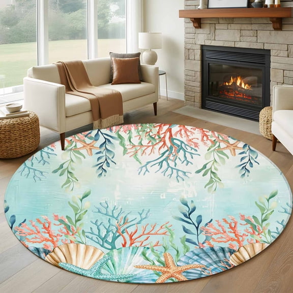 Ocean Starfish Seaweed Round Area Rug 7Ft Washable Circle Rugs for Dorm Laundry Room, Summer Coastal Beach Shell Coral Teal Non-Slip Carpet Floor Mats Indoor Outdoor Carpet Runner Home Decor