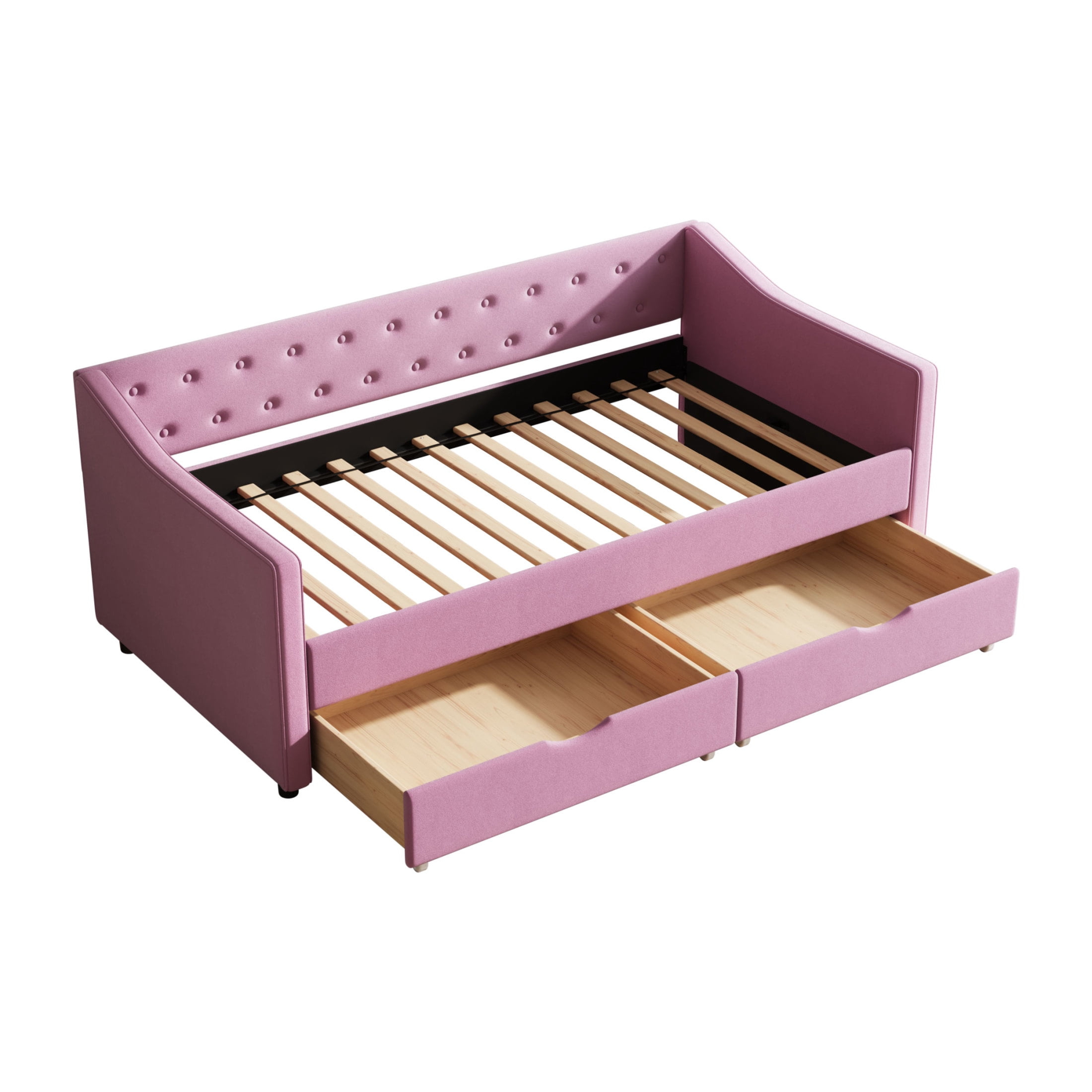 Noble House Mabel Twin Size Daybed with Drawers, Tufted Linen Sofa Bed, Waved Shape Arms, Storage Space, Pink