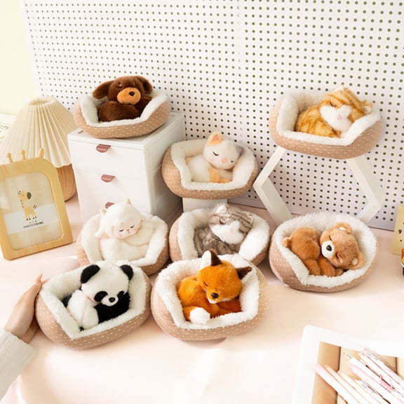 Small Pet Figurine Soft Plush Toy in Lying Down Pose for Kids Play and Room Decor
