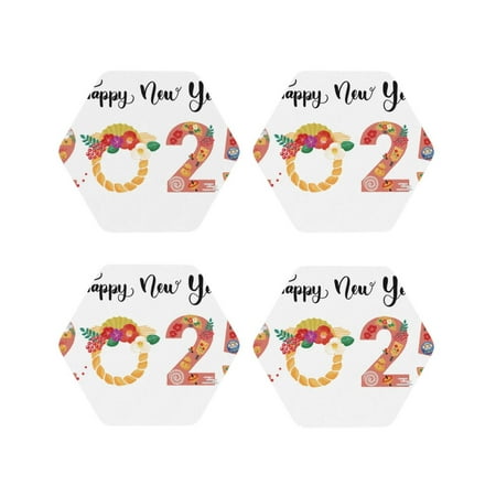 

Fuzoiu 2025 New Year S Print Leather Coasters Set Drink Coasters Set of 4 for Tabletop Protection Durable PVC Coasters Home Décor and Housewarming Gift-Hexagon