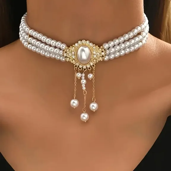 1pc Elegant Vintage Baroque Style 14K Golden Plated Freshwater Pearl Choker Necklace with Tassel Decoration, Luxury Gift for Her, Suitable for All Seasons and Special Occasions