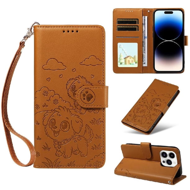 Funda Cartera GANGXUN con Diseño de Perrito en Relieve para iPhone 14 Pro , Protección 360° con Ranuras y Correa Desmontable