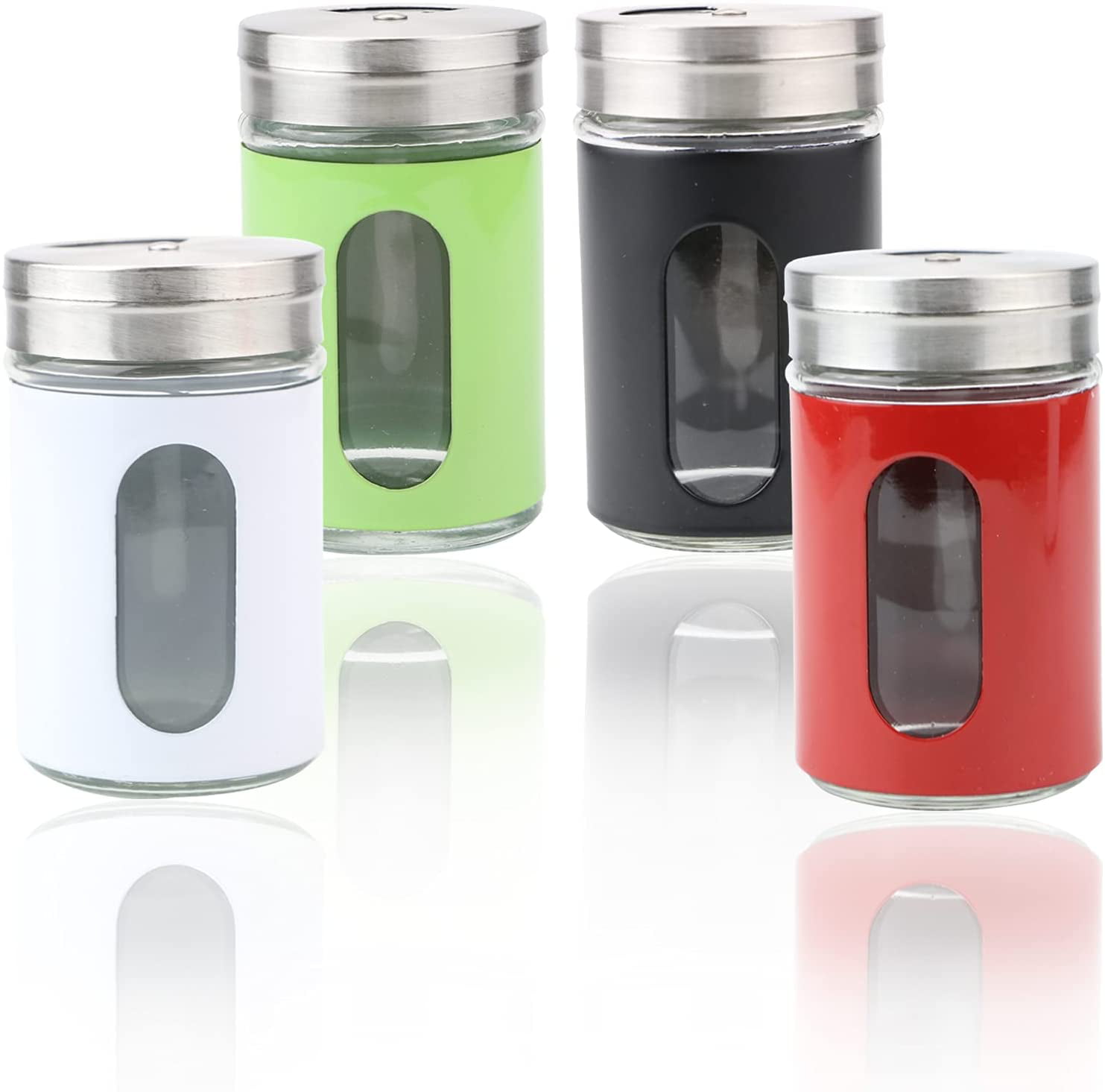 TKOnline 4 Pack Salt and Pepper Shakers Stainless Steel and Glass Set with Adjustable Pour Holes Glass Spice Jars Spice Dispenser,Elegant Salt and Pepper Dispenser 4 Assorted Colors 