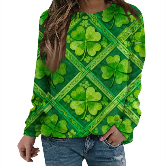 Zwiiyzr Womens Long Sleeve Hooded Sweatshirt Lucky Clover Print Fall Seasonal Pullover Cozy Fleece Relaxed Fit Green Theme Streetwear Green