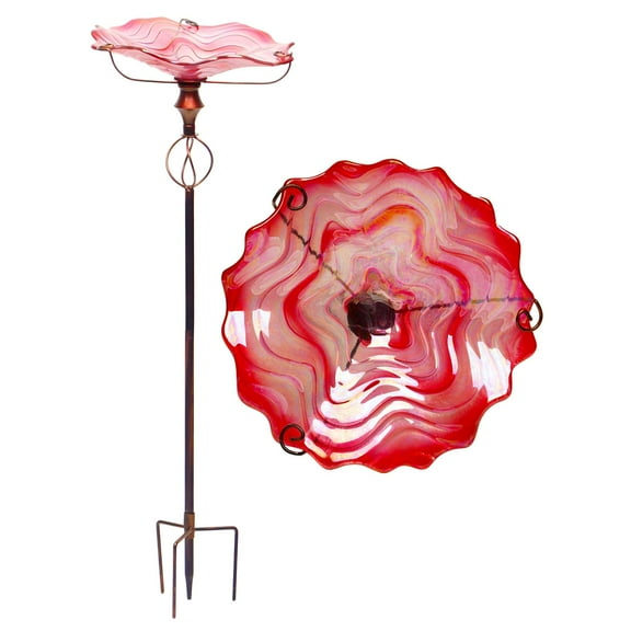 G128 32 Inch Height Glass Bird Baths with Metal Stake | Decorative Pink Outdoor Garden Bird Feeder