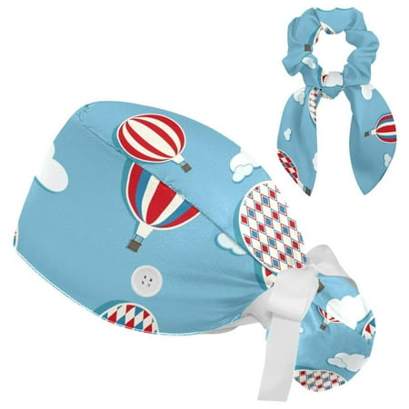 

Working Cap with Buttons and Sweatband Scrub Hat Bouffant Caps with Scrunchie Hot Air Balloons Tie Back Hats
