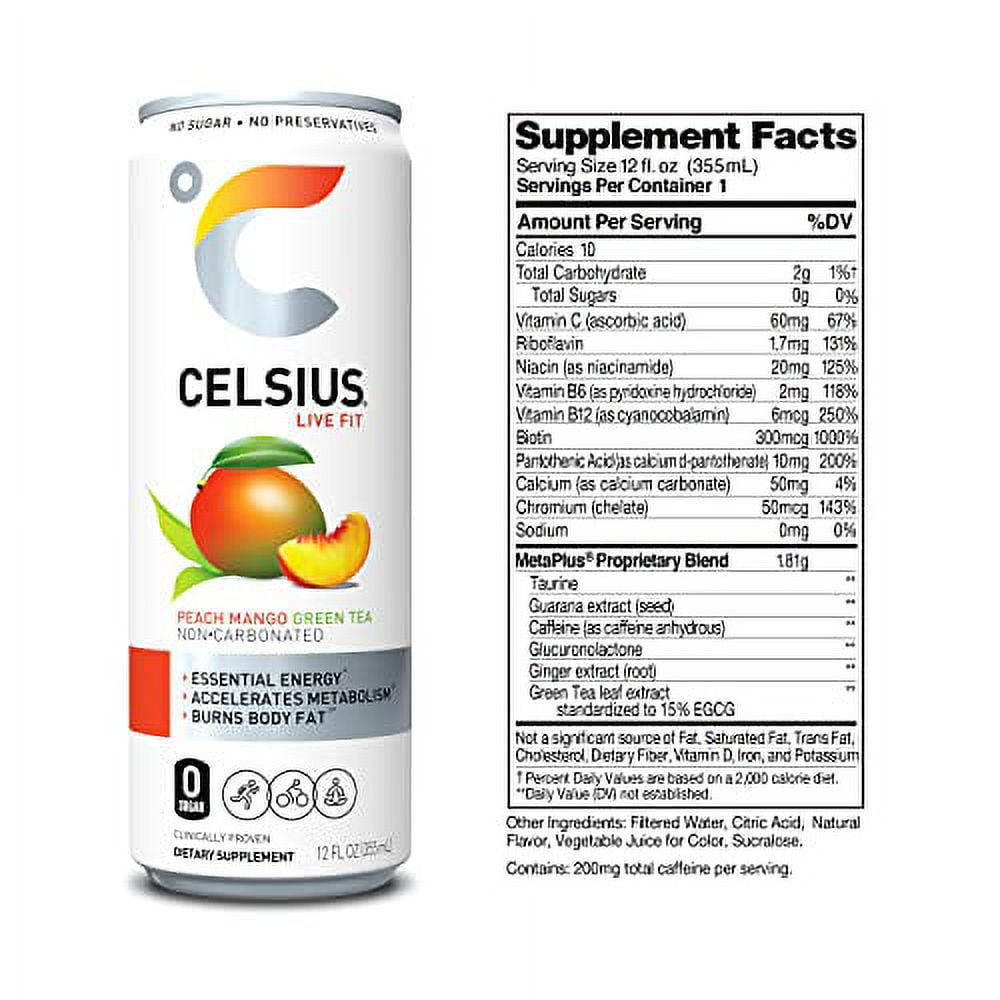 CELSIUS® Fizz Free Peach Mango Green Tea, Sugar Free Energy Drink, 12 Fl Oz (Pack of 4)