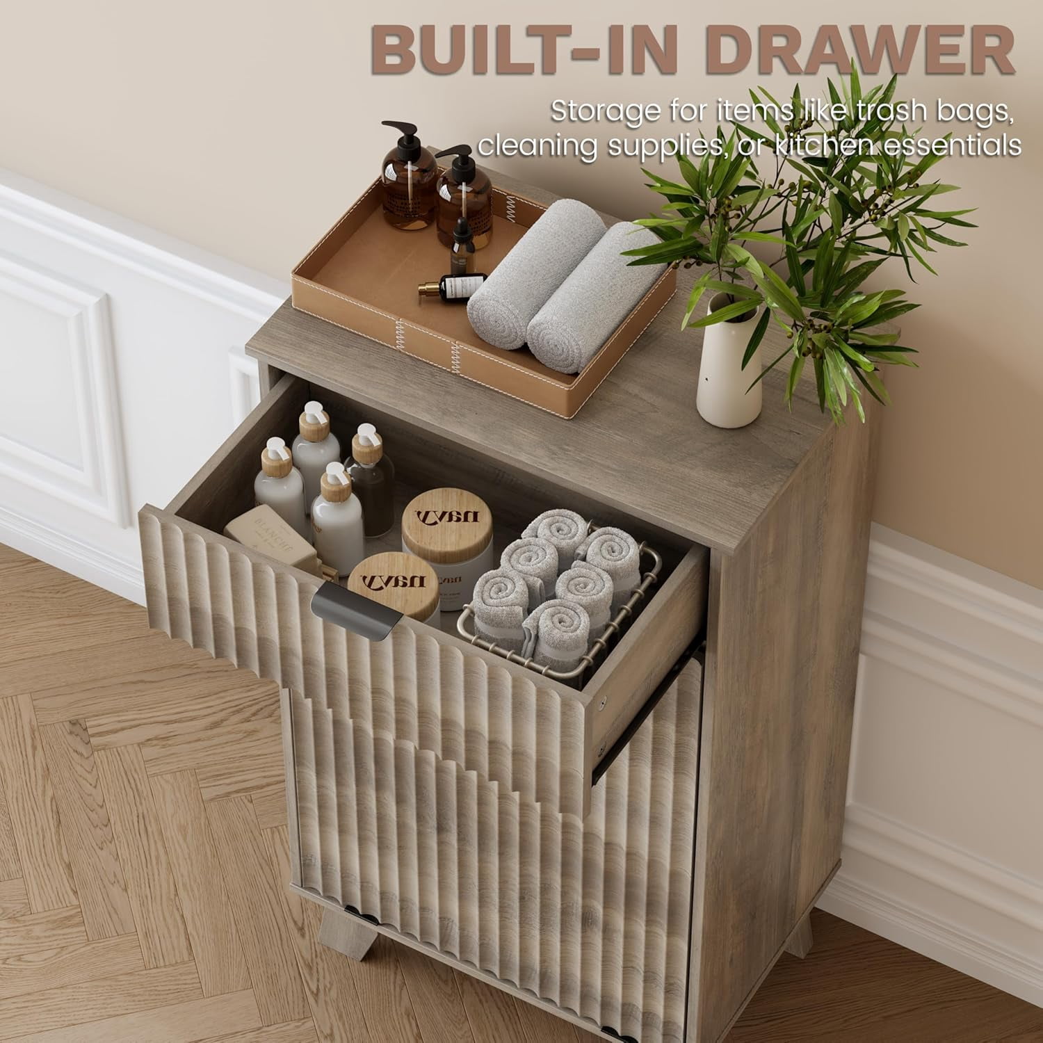 FANRAL Single Tilt Out Laundry Hamper Cabinet,10 Gallon Wooden Hidden Storage Cabinet,Fluted Trash Can for Bathroom Kitchen Living Room,Gray Laundry Basket Cabinet