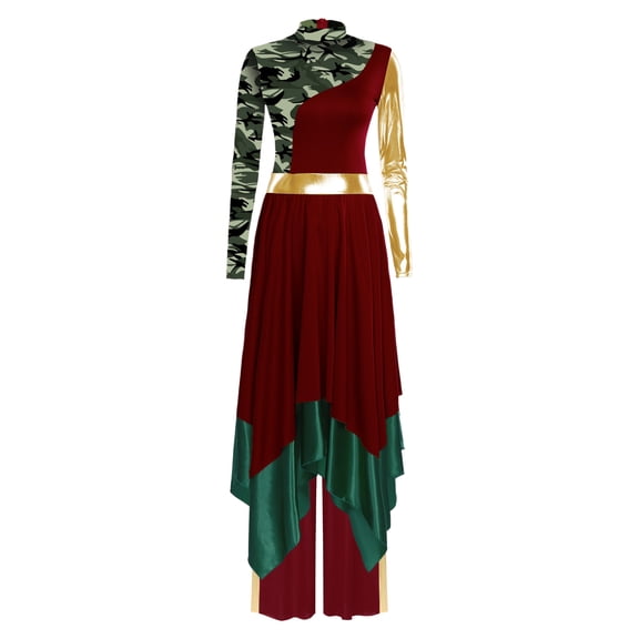 Sholeno Women Metallic Praise Dance Outfit Set Printed Long Sleeve Irregular Hem Worship Dress and Wide-Leg Pants Burgundy XXL