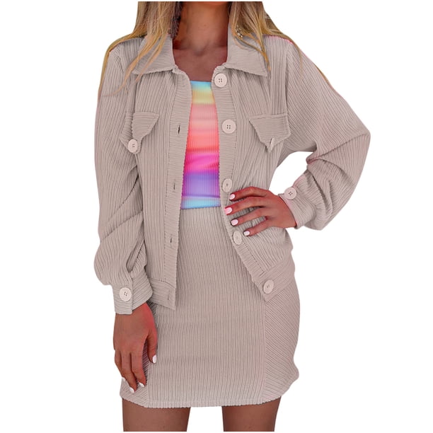 Cárdigan de cuello vuelto de manga larga de Color sólido a la moda para mujer, vestido informal de un solo pecho, conjunto de dos piezas Wmkox8yi bvn3935