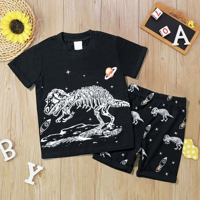 Vêtements pour Garçon, Ensembles d'Été pour Garçon, T-Shirt à Col Rond Dinosaure à Manches Courtes, Tee, Hauts, Shorts Décontractés, Vêtements pour Garçons 5-6 Ans
