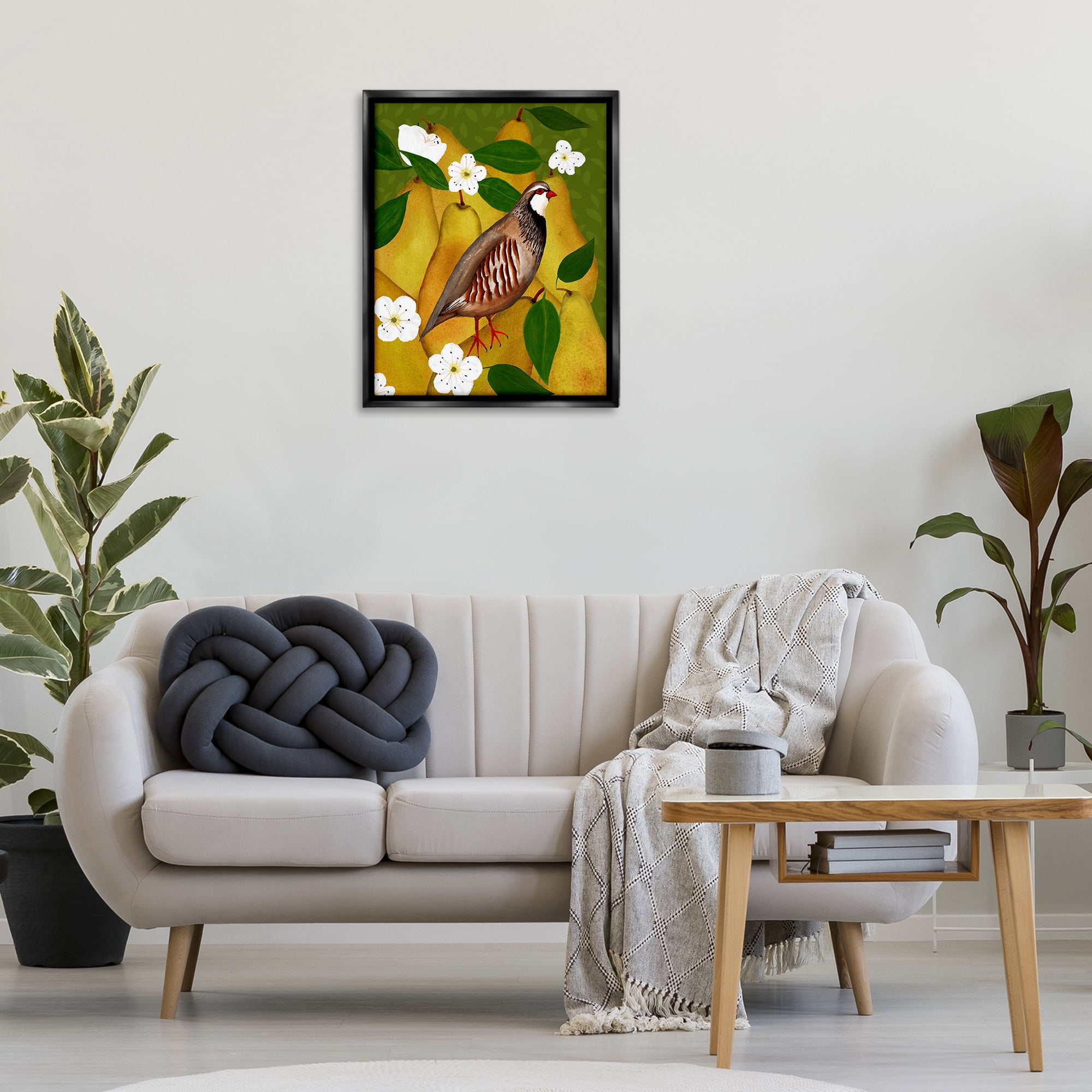 Stupell Industries Partridge Bird & Pears Food & Beverage Painting Black Floater Framed Canvas Art Print Wall Art, 25 x 31
