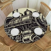 JEUXUS Tablecloth Train Tablecloths Diameter Round Steam Locomotive Transport Railroad Railway Trip Vintage Sketch Tablecloths for Dining Kitchen Wedding and Parties