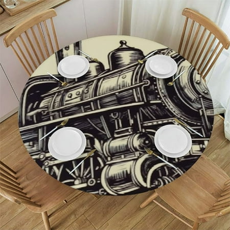 JEUXUS Tablecloth Train Tablecloths Diameter Round Steam Locomotive Transport Railroad Railway Trip Vintage Sketch Tablecloths for Dining Kitchen Wedding and Parties