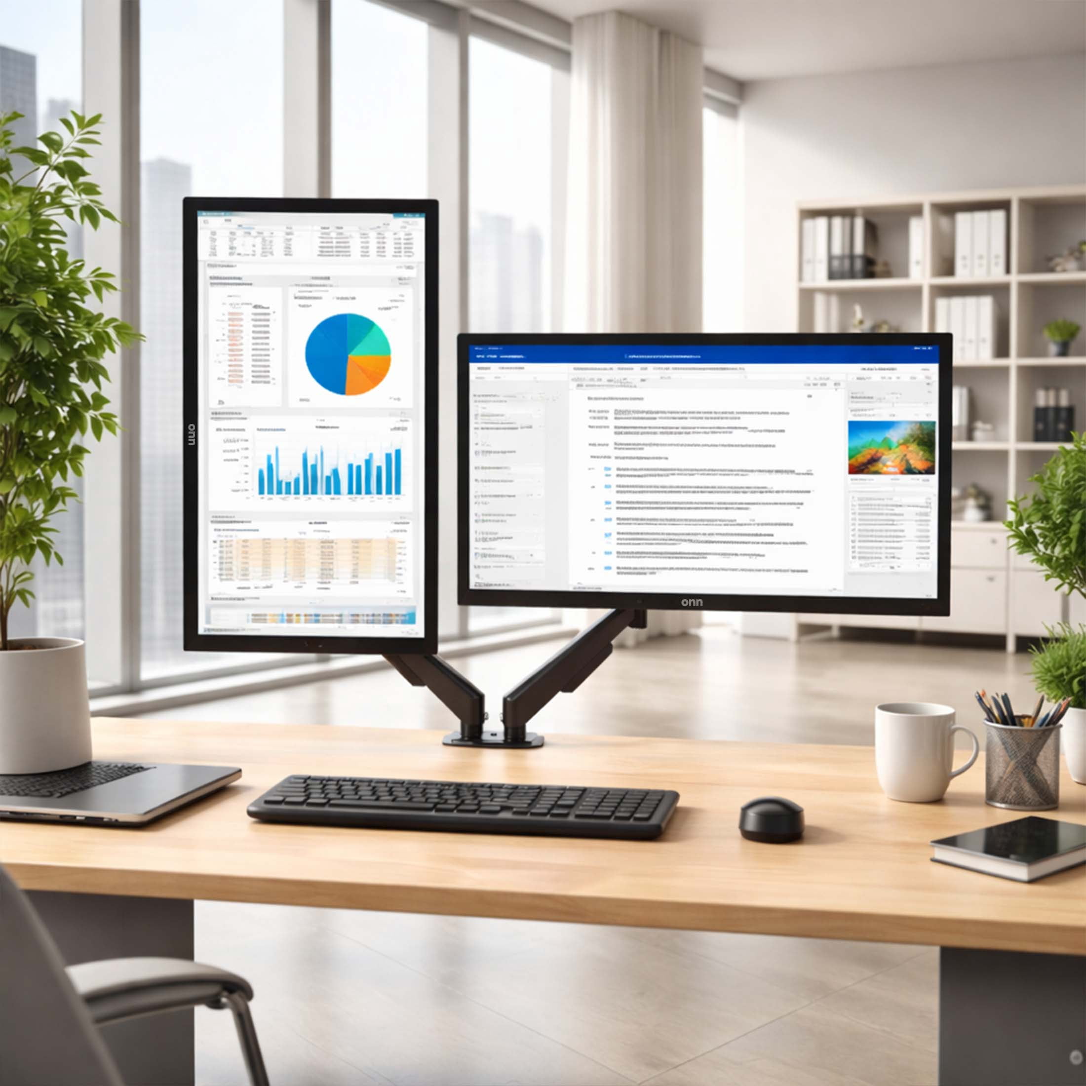 onn Dual Monitor Desk Mount for 13"-32" Monitors, Spring-Assisted Adjustable Arms, VESA Compatible, Holds up to 19.8 lbs